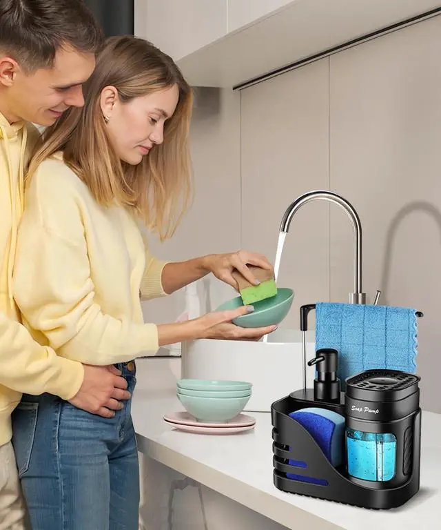 Alt view image 4 of 6 - Kitchen Soap Dispenser Set, 4-in-1 Dual Hand and Dish Soap Dispenser with Sponge Holder and Dishcloth Holder for Kitchen Sink (Black)