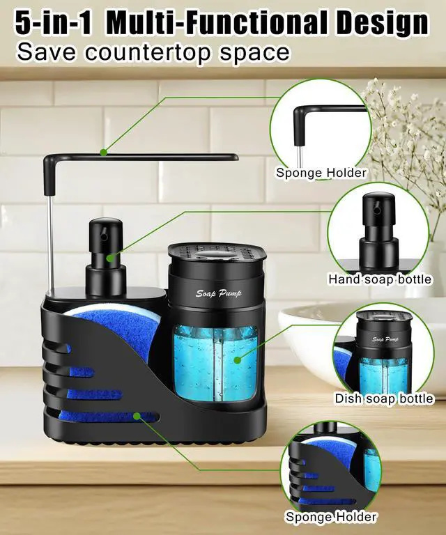 Alt view image 5 of 6 - Kitchen Soap Dispenser Set, 4-in-1 Dual Hand and Dish Soap Dispenser with Sponge Holder and Dishcloth Holder for Kitchen Sink (Black)