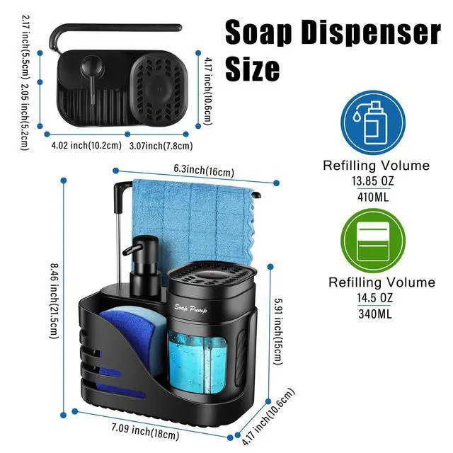 Alt view image 6 of 6 - Kitchen Soap Dispenser Set, 4-in-1 Dual Hand and Dish Soap Dispenser with Sponge Holder and Dishcloth Holder for Kitchen Sink (Black)