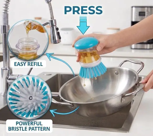 Alt view image 3 of 5 - Soap Dispensing Palm Brush, Blue, Easy-Fill Scrubber for Kitchen & Home Cleaning, Pack of 1