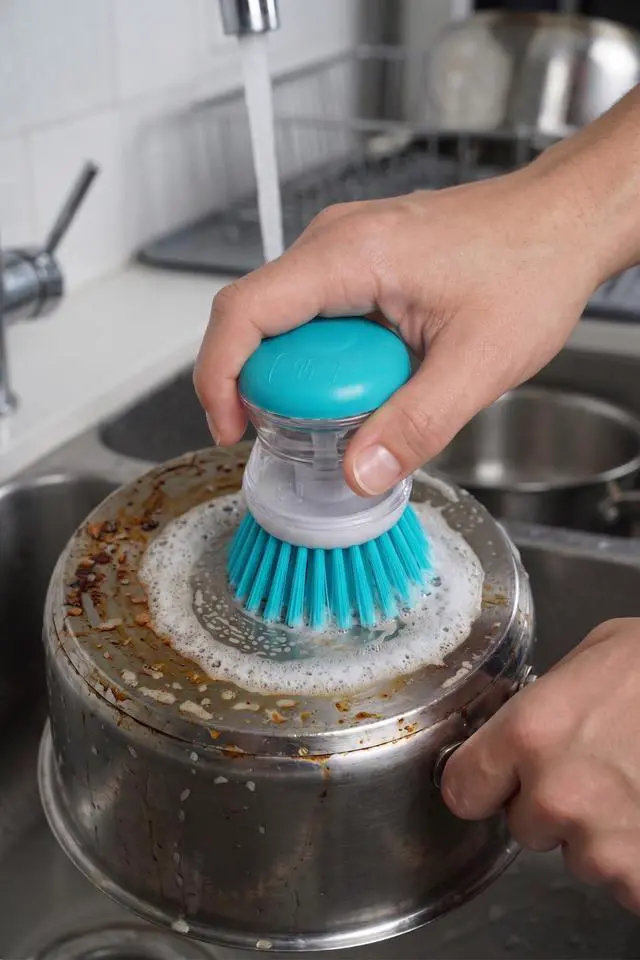 Alt view image 4 of 5 - Soap Dispensing Palm Brush, Blue, Easy-Fill Scrubber for Kitchen & Home Cleaning, Pack of 1