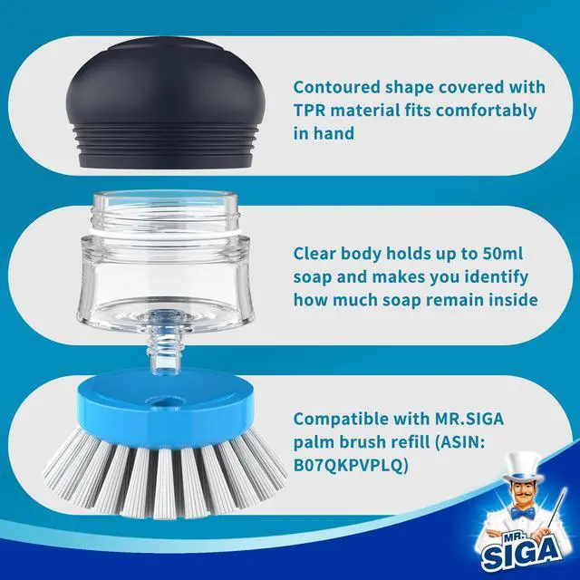 Alt view image 6 of 6 - Soap Dispensing Palm Brush, Kitchen Brush for Dish Pot Pan Sink Cleaning, Pack of 1, Navy/Blue