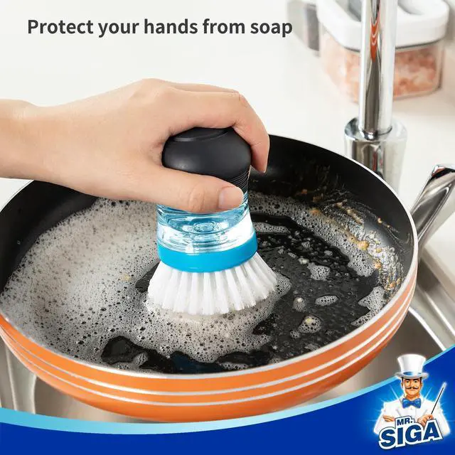 Alt view image 5 of 6 - Soap Dispensing Palm Brush, Kitchen Brush for Dish Pot Pan Sink Cleaning, Pack of 1, Navy/Blue