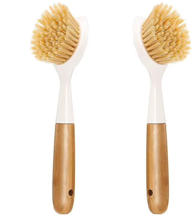 Main image of 2 Pack Kitchen Dish Brush Bamboo Handle Dish Scrubber Built-in Scraper, Scrub Brush for Pans, Pots, Kitchen Sink Cleaning, Dishwashing and Cleaning Brushes are Perfect Cleaning Tools, White
