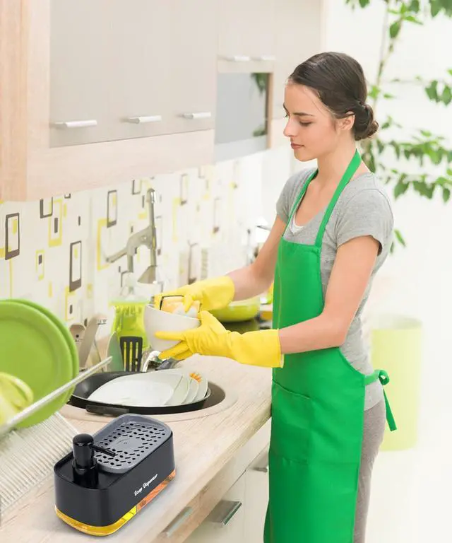 Alt view image 3 of 7 - Hand and Dish Soap Dispenser Set for Kitchen, Dual Soap Dispenser with Sponge Holder, 3-in-1 Countertop Soap Pump Dispenser for Kitchen Sink, Useful Kitchen Gadgets - Black