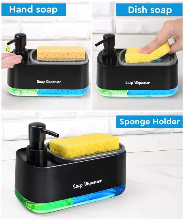 Alt view image 2 of 7 - Hand and Dish Soap Dispenser Set for Kitchen, Dual Soap Dispenser with Sponge Holder, 3-in-1 Countertop Soap Pump Dispenser for Kitchen Sink, Useful Kitchen Gadgets - Black