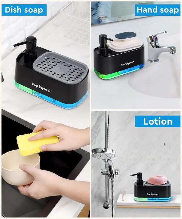 Alt view image 5 of 7 - Hand and Dish Soap Dispenser Set for Kitchen, Dual Soap Dispenser with Sponge Holder, 3-in-1 Countertop Soap Pump Dispenser for Kitchen Sink, Useful Kitchen Gadgets - Black