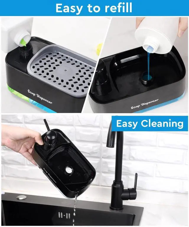 Alt view image 4 of 7 - Hand and Dish Soap Dispenser Set for Kitchen, Dual Soap Dispenser with Sponge Holder, 3-in-1 Countertop Soap Pump Dispenser for Kitchen Sink, Useful Kitchen Gadgets - Black
