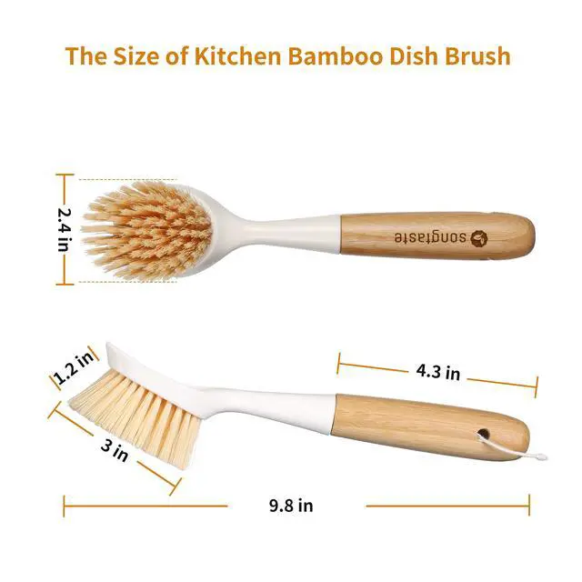 Alt view image 6 of 7 - 2 Pack Kitchen Dish Brush Bamboo Handle Dish Scrubber Built-in Scraper, Scrub Brush for Pans, Pots, Kitchen Sink Cleaning, Dishwashing and Cleaning Brushes are Perfect Cleaning Tools, White