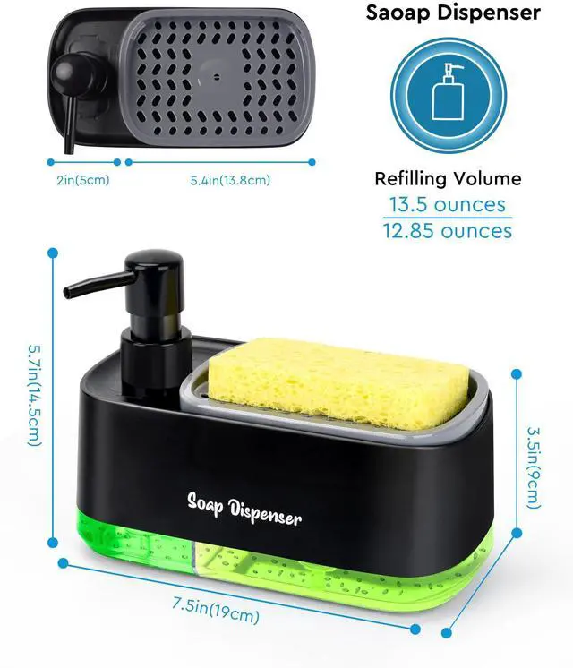 Alt view image 6 of 7 - Hand and Dish Soap Dispenser Set for Kitchen, Dual Soap Dispenser with Sponge Holder, 3-in-1 Countertop Soap Pump Dispenser for Kitchen Sink, Useful Kitchen Gadgets - Black