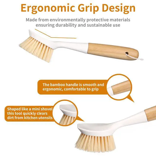 Alt view image 4 of 7 - 2 Pack Kitchen Dish Brush Bamboo Handle Dish Scrubber Built-in Scraper, Scrub Brush for Pans, Pots, Kitchen Sink Cleaning, Dishwashing and Cleaning Brushes are Perfect Cleaning Tools, White
