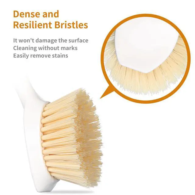 Alt view image 3 of 7 - 2 Pack Kitchen Dish Brush Bamboo Handle Dish Scrubber Built-in Scraper, Scrub Brush for Pans, Pots, Kitchen Sink Cleaning, Dishwashing and Cleaning Brushes are Perfect Cleaning Tools, White