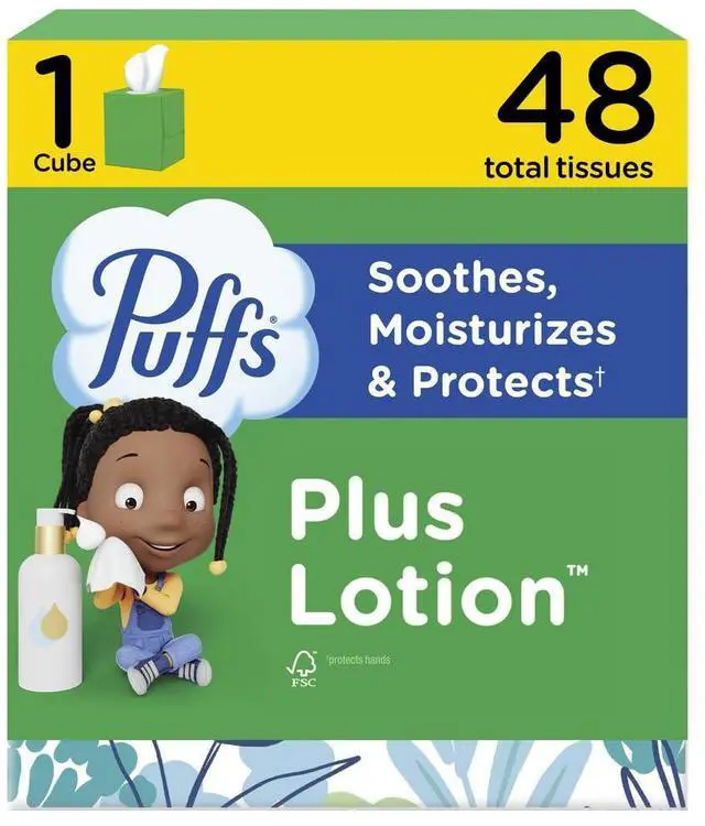 Main image of Facial Tissues Plus Lotion, 1 Cube Box, 48 Facial Tissues per Box, Allergies and Colds (Packaging May Vary)