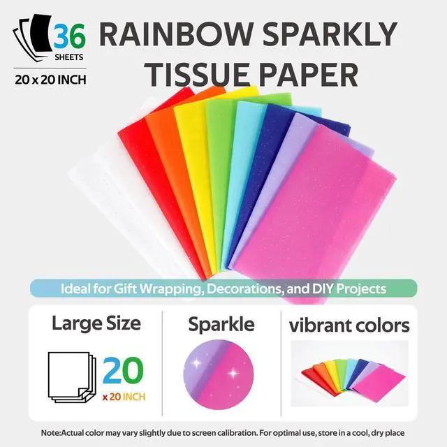Alt view image 2 of 7 - Glitter Rainbow Tissue Paper for Gift Bags, 36 Sheets, 9 Assorted Colors, 20 x 20 Inch, Sparkly Wrapping Paper for Gifts, Party Decor, DIY Crafts