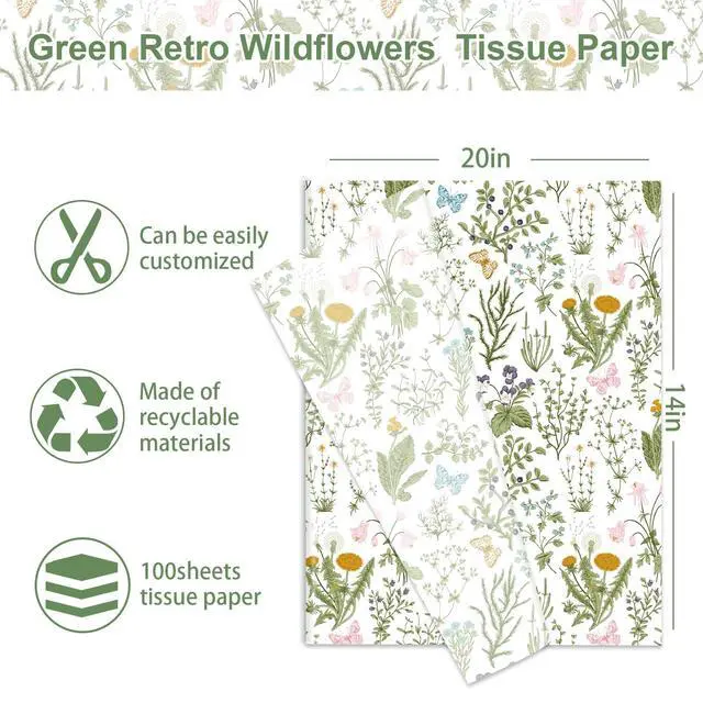 Alt view image 2 of 6 - 100 Sheets Vintage Wildflower Tissue Paper Wild Floral Art Tissue Summer Wrapping Paper for Birthday Wedding DIY Crafts Gift Packing, 20 x 14 Inch