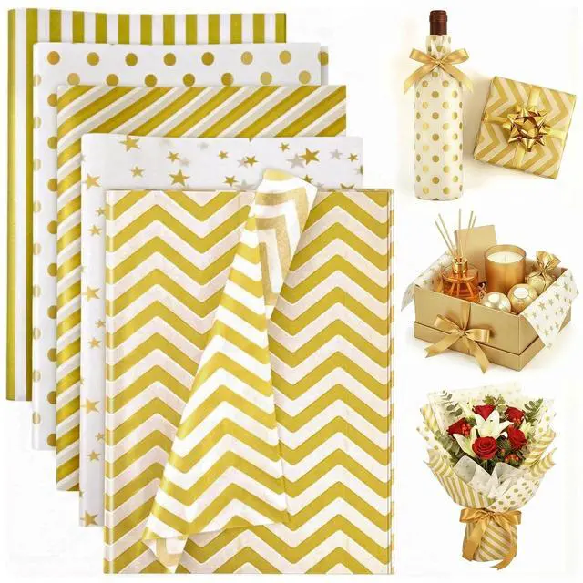 Main image of 100 Sheets Tissue Paper, 20 x 14 Inch White Gold Tissue Paper for Gift Bags, Stars and Stripes Pattern for Gift Wrapping and DIY Crafts