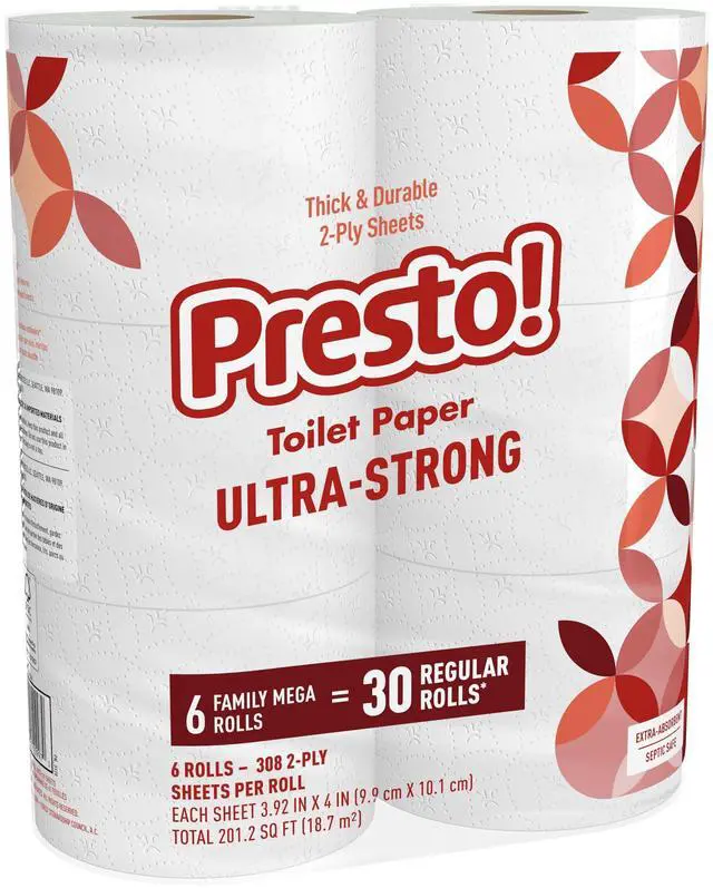 Main image of Ultra-Strong 2-Ply Toilet Paper, 6 Mega Rolls = 30 Regular Rolls, 308 Sheets Per Roll, Unscented