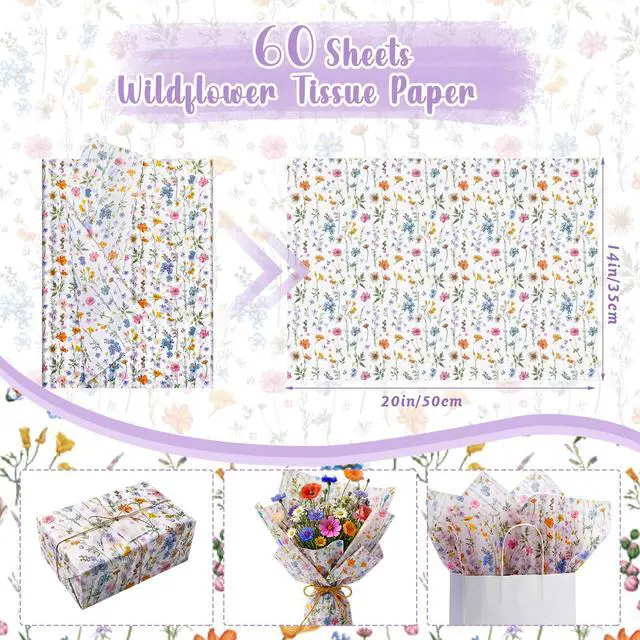 Alt view image 2 of 6 - Floral Tissue Paper Bulk 14 x 20 Inch Decorative Tissue Paper for Gift Bags Gift Packaging Bouquet DIY Crafts Bridal Shower Wedding Birthday Party Decorations - 60 Sheets