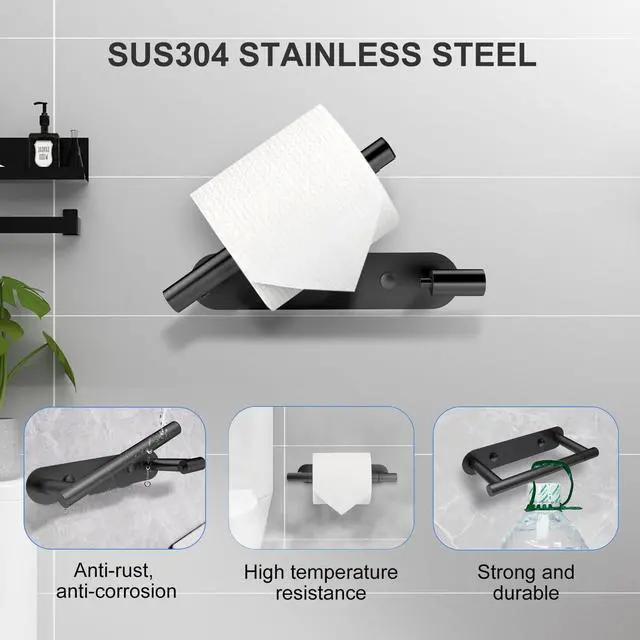 Alt view image 3 of 7 - Toilet Paper Holder Adhesive or Screw-in Matte Black Bathroom Toilet Paper Roll Holders Wall Mount Stainless Steel Tissue Holder for Bathroom Hardware Accessories