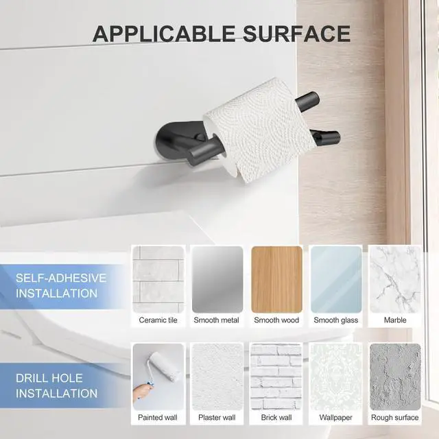 Alt view image 6 of 7 - Toilet Paper Holder Adhesive or Screw-in Matte Black Bathroom Toilet Paper Roll Holders Wall Mount Stainless Steel Tissue Holder for Bathroom Hardware Accessories