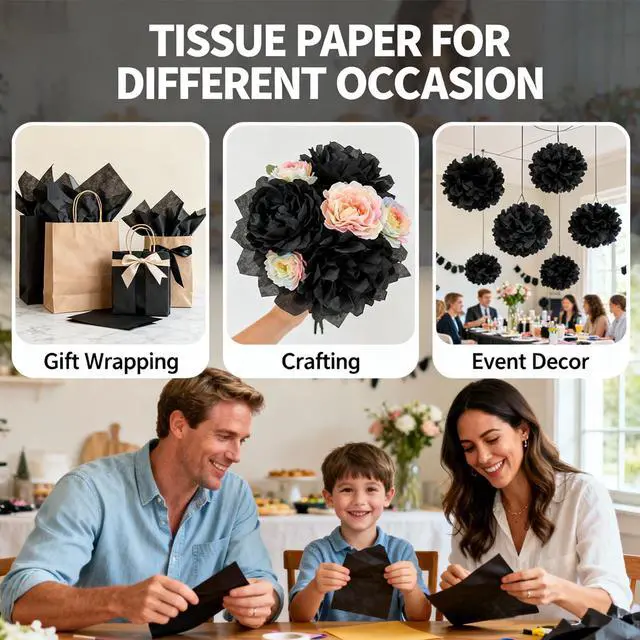 Alt view image 5 of 7 - Black Tissue Paper for Gift Bags 25 Sheets-20 x 20 Inch, Recyclable Gift Wrap Tissues for Christmas, Weddings, Birthdays, Party & Festival Decorations DIY Craft Supplies