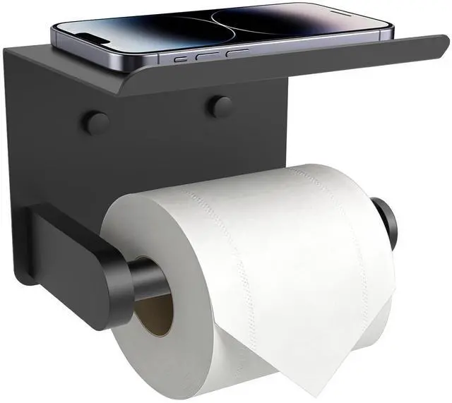 Main image of Toilet Paper Holder with Shelf Adhesive or Screw Bathroom Toilet Paper Roll Holders Wall Mount Matte Black Tissue Holder for Bathroom Hardware Accessories
