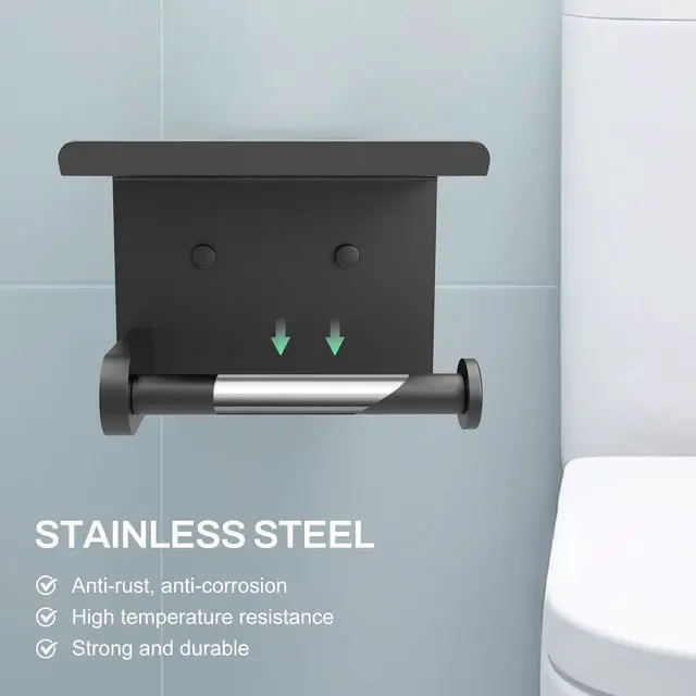 Alt view image 2 of 7 - Toilet Paper Holder with Shelf Adhesive or Screw Bathroom Toilet Paper Roll Holders Wall Mount Matte Black Tissue Holder for Bathroom Hardware Accessories