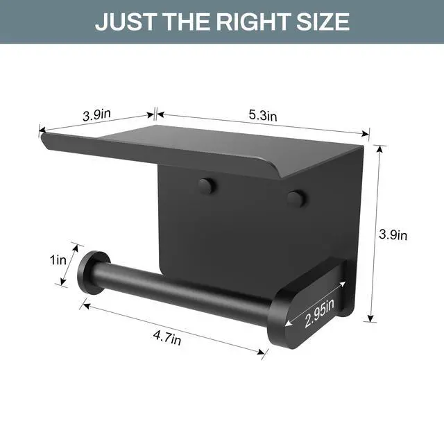 Alt view image 3 of 7 - Toilet Paper Holder with Shelf Adhesive or Screw Bathroom Toilet Paper Roll Holders Wall Mount Matte Black Tissue Holder for Bathroom Hardware Accessories