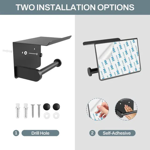Alt view image 4 of 7 - Toilet Paper Holder with Shelf Adhesive or Screw Bathroom Toilet Paper Roll Holders Wall Mount Matte Black Tissue Holder for Bathroom Hardware Accessories