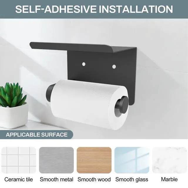 Alt view image 5 of 7 - Toilet Paper Holder with Shelf Adhesive or Screw Bathroom Toilet Paper Roll Holders Wall Mount Matte Black Tissue Holder for Bathroom Hardware Accessories