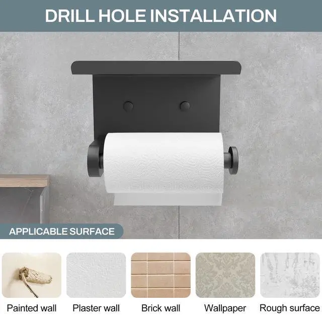 Alt view image 6 of 7 - Toilet Paper Holder with Shelf Adhesive or Screw Bathroom Toilet Paper Roll Holders Wall Mount Matte Black Tissue Holder for Bathroom Hardware Accessories