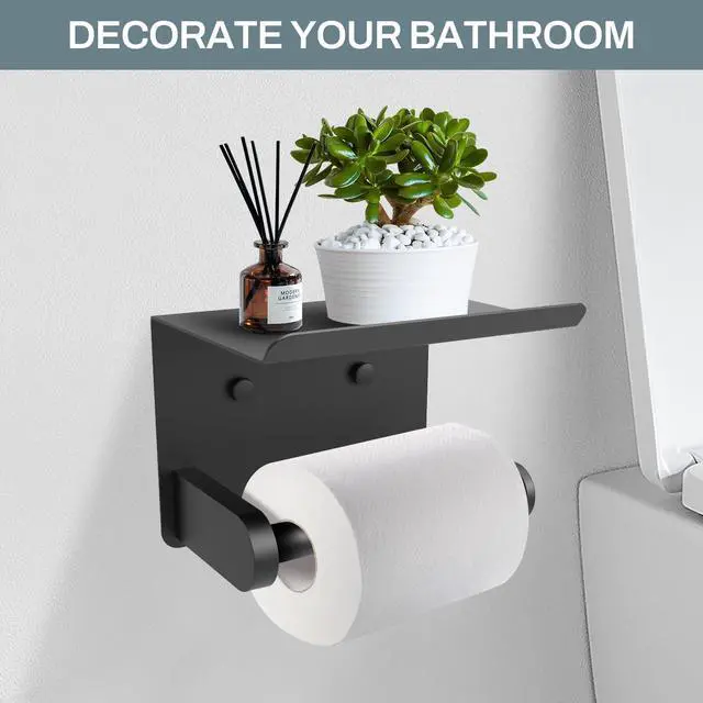 Alt view image 7 of 7 - Toilet Paper Holder with Shelf Adhesive or Screw Bathroom Toilet Paper Roll Holders Wall Mount Matte Black Tissue Holder for Bathroom Hardware Accessories