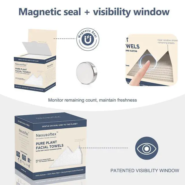 Alt view image 4 of 7 - Premium Disposable Face Towels, 10"x12" XL, 90gsm Ultra-Thick 100% USDA Biobased Facial Towel, Gentle for All Skin Types, Magnetic Closure Box with Visibility Window (1 pack of 50ct)