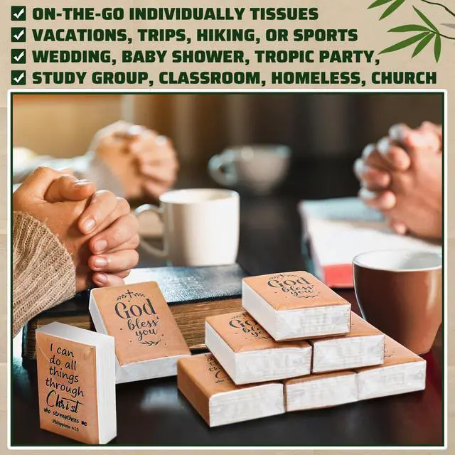 Alt view image 6 of 7 - 50 Pack Christian Pocket Tissues Bible Verse Travel Packs Bulk 500 Sheet Small Tissues Pocket Packs 3 Ply Mini Travel Size Individual Religious Party Favor