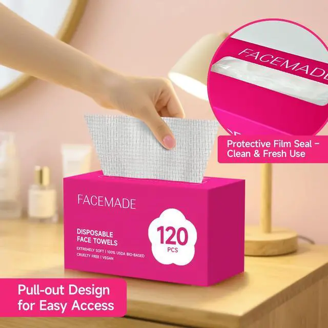 Alt view image 5 of 7 - 120 Count Disposable Face Towels, 100% USDA Biobased Face Towelettes Disposable, Clean Facial Towels for Makeup and Clean Skin, Super Soft and Thick Dry Wipes Club