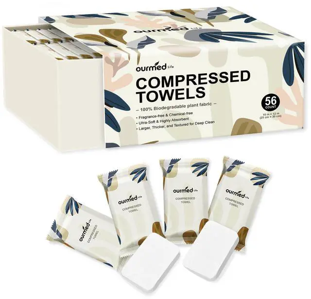 Main image of Mini Compressed Towel Tablets, Disposable Washcloths, Individually Wrapped Mini Tablets, Expands with Water, Soft & Lint-Free, 12 x 10 Inch, Travel Size (56 Count)