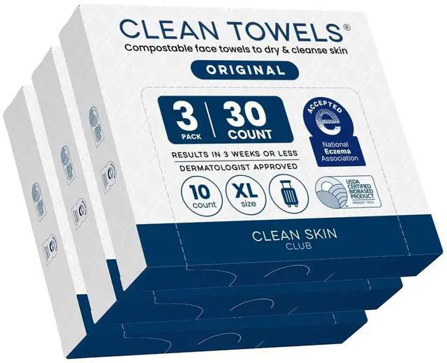 Main image of Clean Towels XL®, Travel Pack 100% USDA Biobased Disposable Face Towel, Eczema Association Accepted,Dry Wipes, TSA-Approved Travel Essential, 3 Packs, 30 ct Total