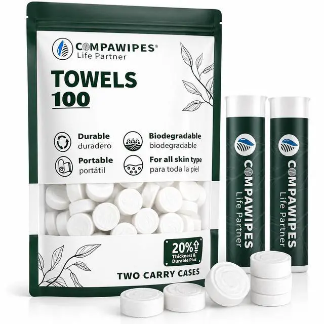 Main image of 100 PCS Compressed Towel Tablets - Travel Disposable Towels, Compressed Hiking Toilet Paper, Wilderness Wipes, Compact Toilet Paper, Disposable Compressed Face Towel for Camping, Backpacking & Beauty