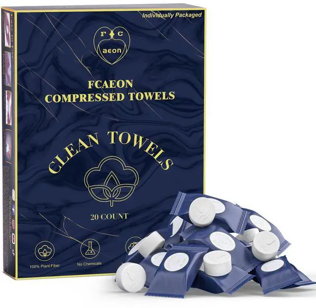 Main image of Disposable Face Towel 100 Count Compressed Towel Tablets Individually Wrapped 9×7.5 Inch Portable Washcloths Compact Cloths for Travel Hiking Camping Gym Fitness Outdoor Gear Hotel Stay (Blue)