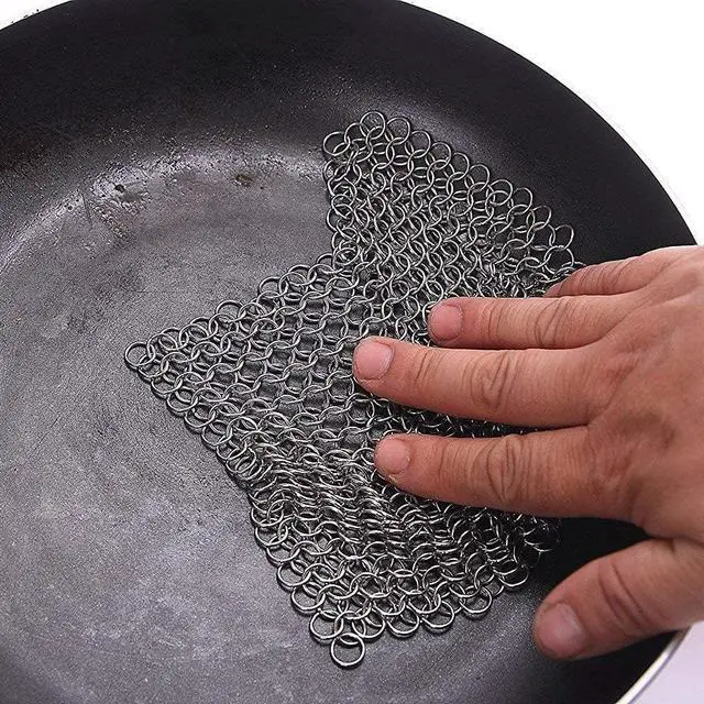 Alt view image 2 of 7 - 8"x6" Cast Iron Scrubber Stainless Steel Chainmail Cleaner for Pre-Seasoned Pans, Griddles, BBQ Grill and Pot Cookware Cleaning