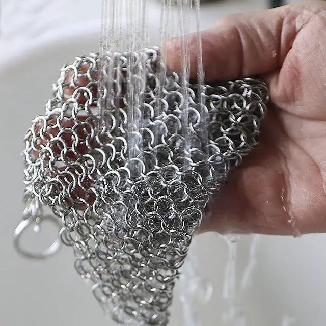Alt view image 5 of 7 - 8"x6" Cast Iron Scrubber Stainless Steel Chainmail Cleaner for Pre-Seasoned Pans, Griddles, BBQ Grill and Pot Cookware Cleaning