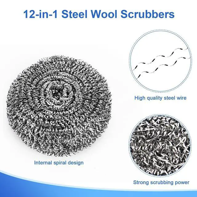Alt view image 2 of 7 - 12Pack Upgraded Steel Wool Scrubbers - Premium Stainless Steel Scrubber, Metal Scouring Pads, Steel Wool Pads, Kitchen Cleaner, Heavy Duty Cleaning Supplies - Especially for Tough Cleaning