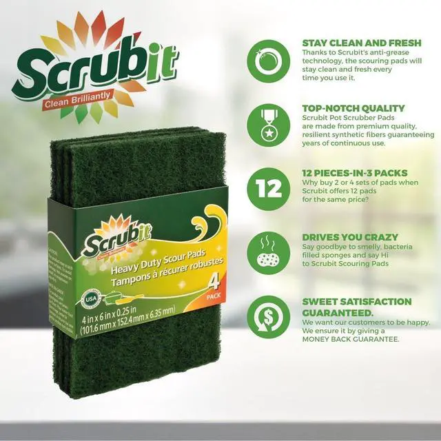 Alt view image 3 of 7 - Scouring Pads - Heavy Duty Household Cleaning Scrubber with Non-Scratch Anti-Grease Technology - Reusable Scrubbing Pads - Green, 12 Pack