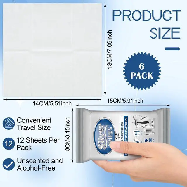 Alt view image 2 of 7 - 6 Pack/ 72 Pcs Silver Cleaner Wipes Silver Polish Jewelry Cleaner Cleaning Jewelry Wipes for Silverware Stainless Steel Brass Metal Tarnish Remover
