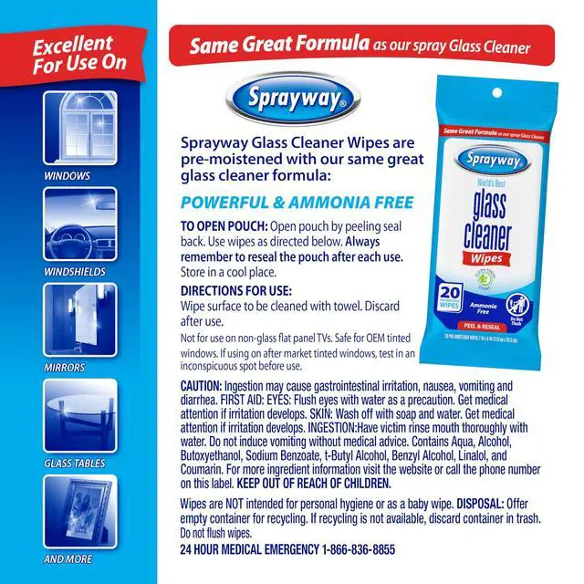 Alt view image 6 of 6 - Glass Cleaner Wipes, 20ct, Pack of 6 | On-the-Go Resealable Package, Pre-Moistened | Original Ammonia-Free Formula | Removes Fingerprints, Dust, Dirt | All Glass Surfaces