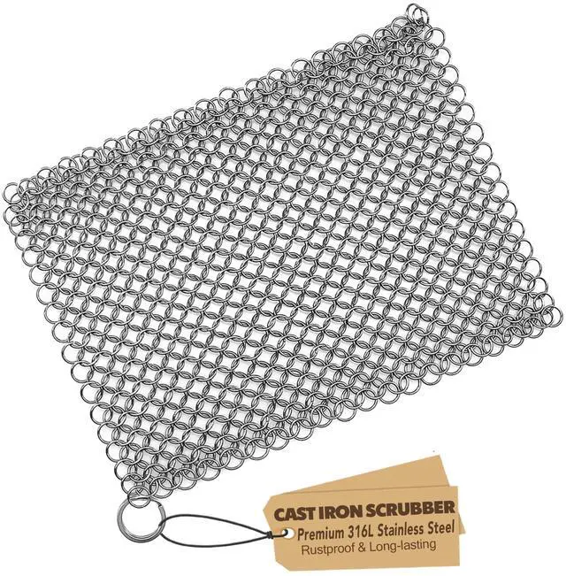 Main image of Cast Iron Scrubber 316 Stainless Steel Skillet Cleaner 8"x6" Chainmail Scrubber Scraper Chain Mail Link Scrub for Cast Iron Pre-Seasoned Pans, Griddles, BBQ Grills, and Pot Cookware Cleaning