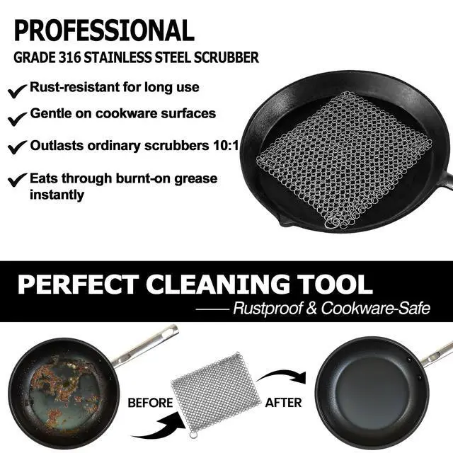 Alt view image 3 of 7 - Cast Iron Scrubber 316 Stainless Steel Skillet Cleaner 8"x6" Chainmail Scrubber Scraper Chain Mail Link Scrub for Cast Iron Pre-Seasoned Pans, Griddles, BBQ Grills, and Pot Cookware Cleaning