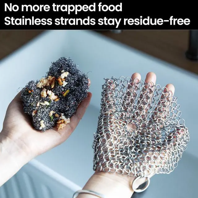 Alt view image 4 of 7 - Cast Iron Scrubber 316 Stainless Steel Skillet Cleaner 8"x6" Chainmail Scrubber Scraper Chain Mail Link Scrub for Cast Iron Pre-Seasoned Pans, Griddles, BBQ Grills, and Pot Cookware Cleaning