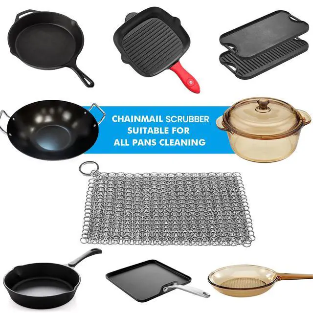 Alt view image 5 of 7 - Cast Iron Scrubber 316 Stainless Steel Skillet Cleaner 8"x6" Chainmail Scrubber Scraper Chain Mail Link Scrub for Cast Iron Pre-Seasoned Pans, Griddles, BBQ Grills, and Pot Cookware Cleaning