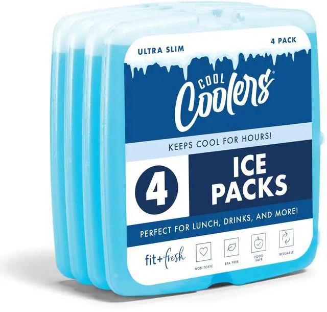 Main image of Cool Coolers 4 Pack Slim Ice Packs, Quick Freeze Space Saving Reusable Ice Packs for Lunch Boxes or Coolers, Blue